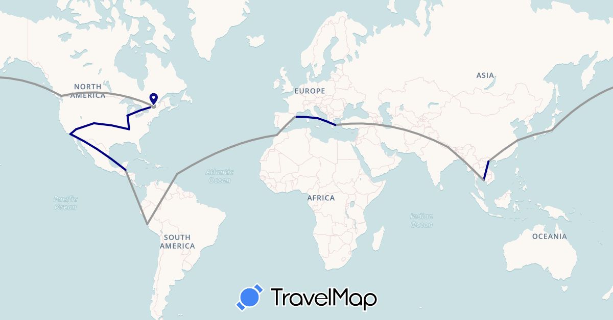 TravelMap itinerary: driving, plane in Belize, Canada, China, Spain, France, Greece, Italy, Japan, Cambodia, Morocco, Nepal, Peru, United States, Vietnam (Africa, Asia, Europe, North America, South America)